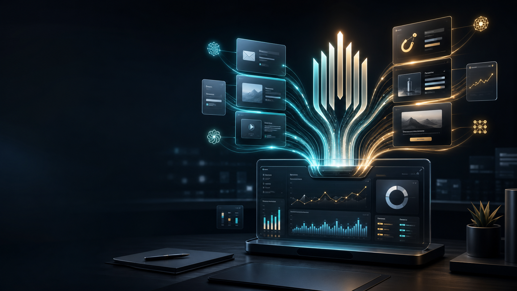 Abstract AI routing dashboard with luminous model streams
